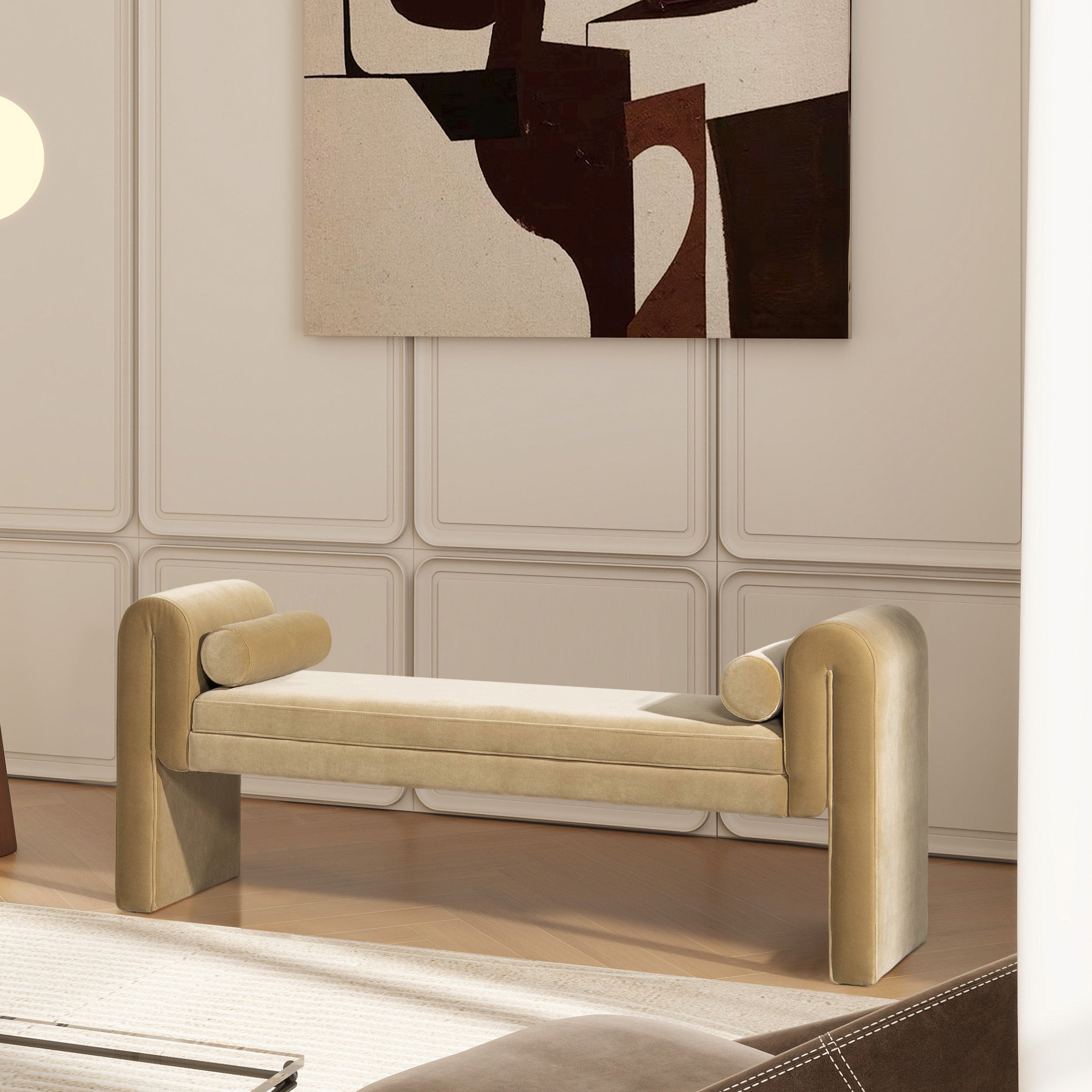 Mason Arm Bench with Bolster Pillows, Camel Brown Beige Performance Velvet