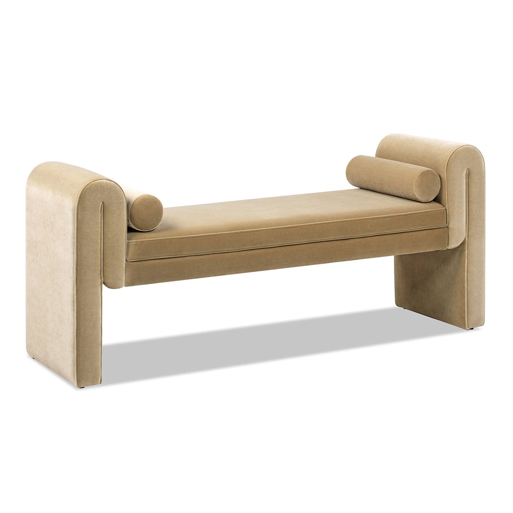 Mason Arm Bench with Bolster Pillows, Camel Brown Beige Performance Velvet