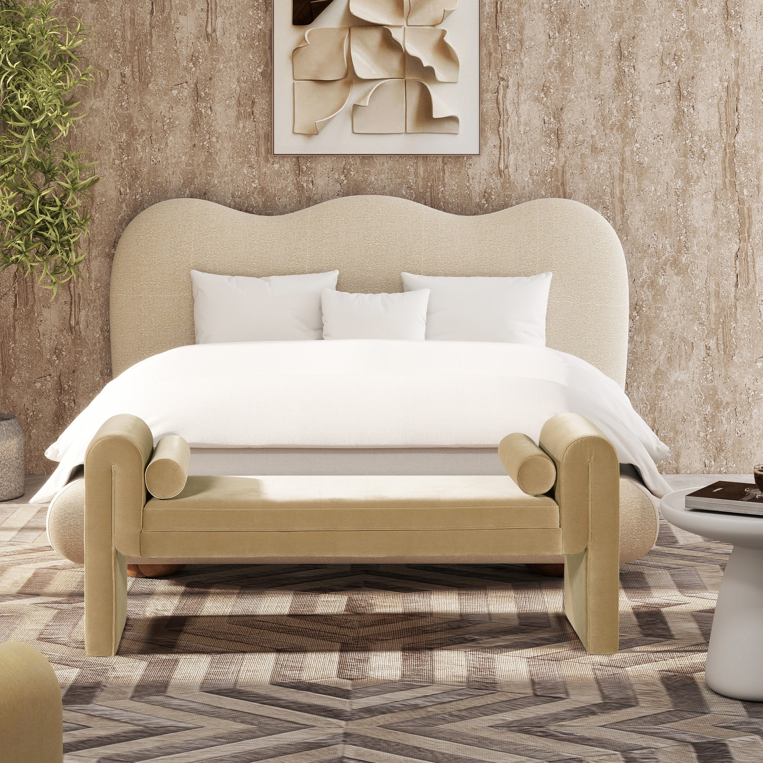 Mason Arm Bench with Bolster Pillows, Camel Brown Beige Performance Velvet